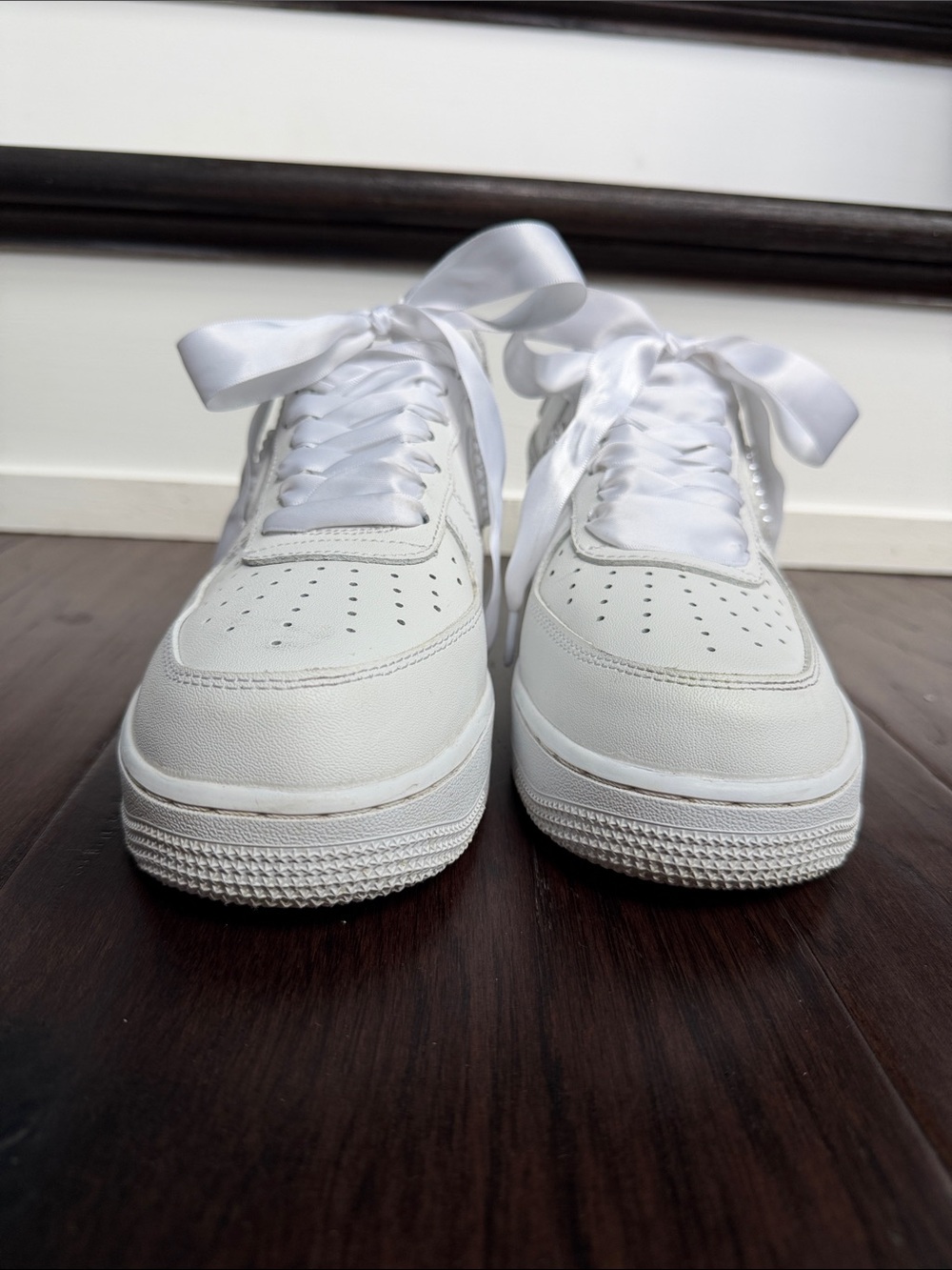 White Women's Satin Lace Sneakers with Pearl Accent - Picture 3 of 6